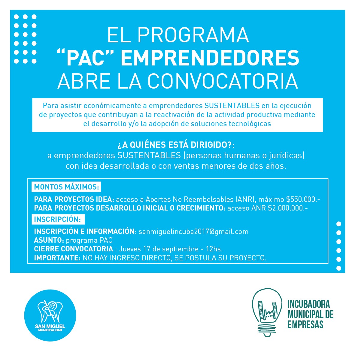 MariAlba8914's tweet photo. 🙋🏻‍♀️ABIERTA LA INSCRIPCIÓN🙋🏻‍♂️Programa PAC EMPRENDEDOR #SanMiguel
➡️Postula Tu Proyecto 
➡️PARA: emprendedores, MicroPymes y Pymes. 
➡️INFO PROGRAMA:  https://t.co/rJLemkwrr4
@jaimemendezh @majotedeschi @delatorrej @Piojomendez @hugoreverdito @guillesanchezsm @MuniSanMiguelOK https://t.co/0FSsLyw9Mv