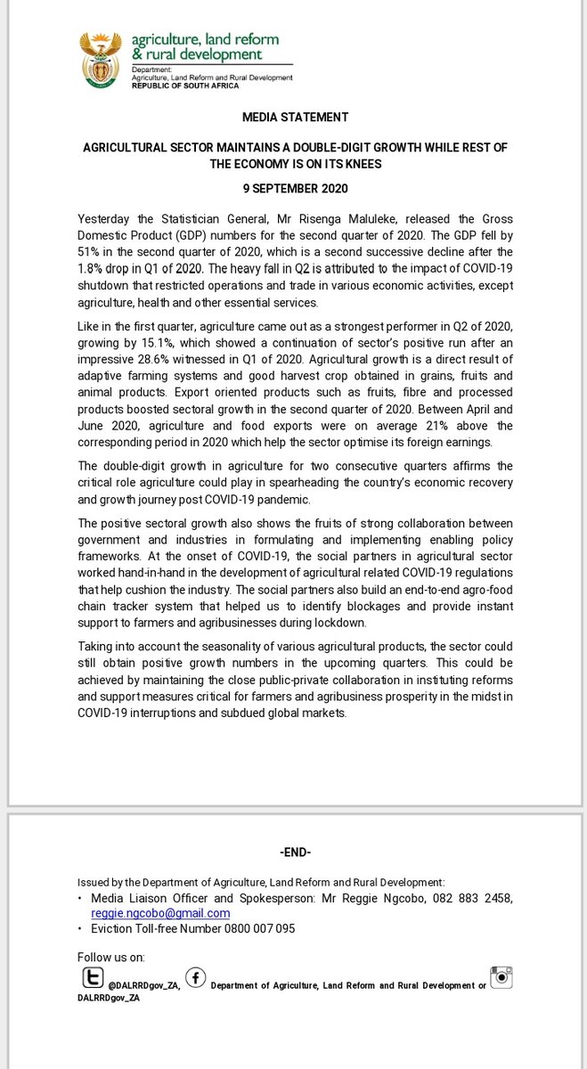 AgripolSA's tweet photo. Agricultural sector maintains a double-digit growth while the rest of the economy is on its knees. It has proven again that it is the core sector of our GDP.
FACT: AGRICULTURE IS LIFE
#Agripol #COVID19 #StayHomeSA #PlayYourPart #washyourhands #Recess https://t.co/ZhcQOxrgks