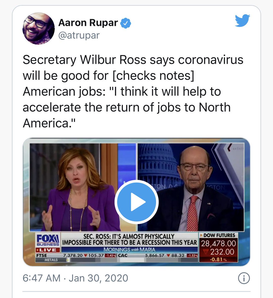  @SecretaryRoss was in on the coverup. On the same day he claims that  #coronavirus will be good for American jobs... I wonder what he thinks now?