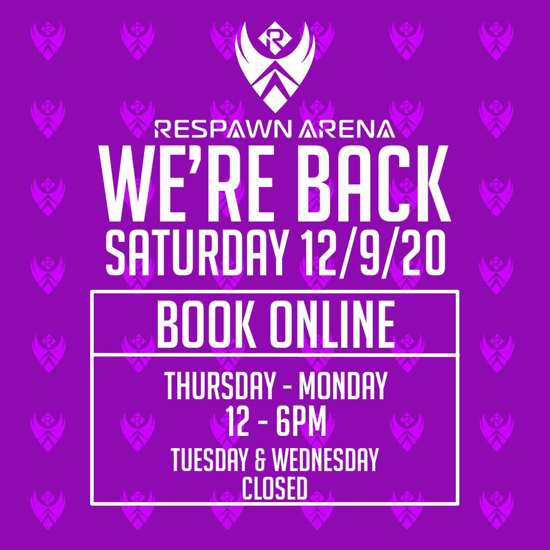 RespawnArena's tweet photo. WE’RE BACK!!! Finally, we are very excited to announce we will be reopening this Saturday with new opening hours and safety implementations to ensure we all #staysafe.  Our new feature of Online Booking is now up and running and you can book by clicking https://t.co/I8Z2wVyuS7 https://t.co/I1NalUjVtX