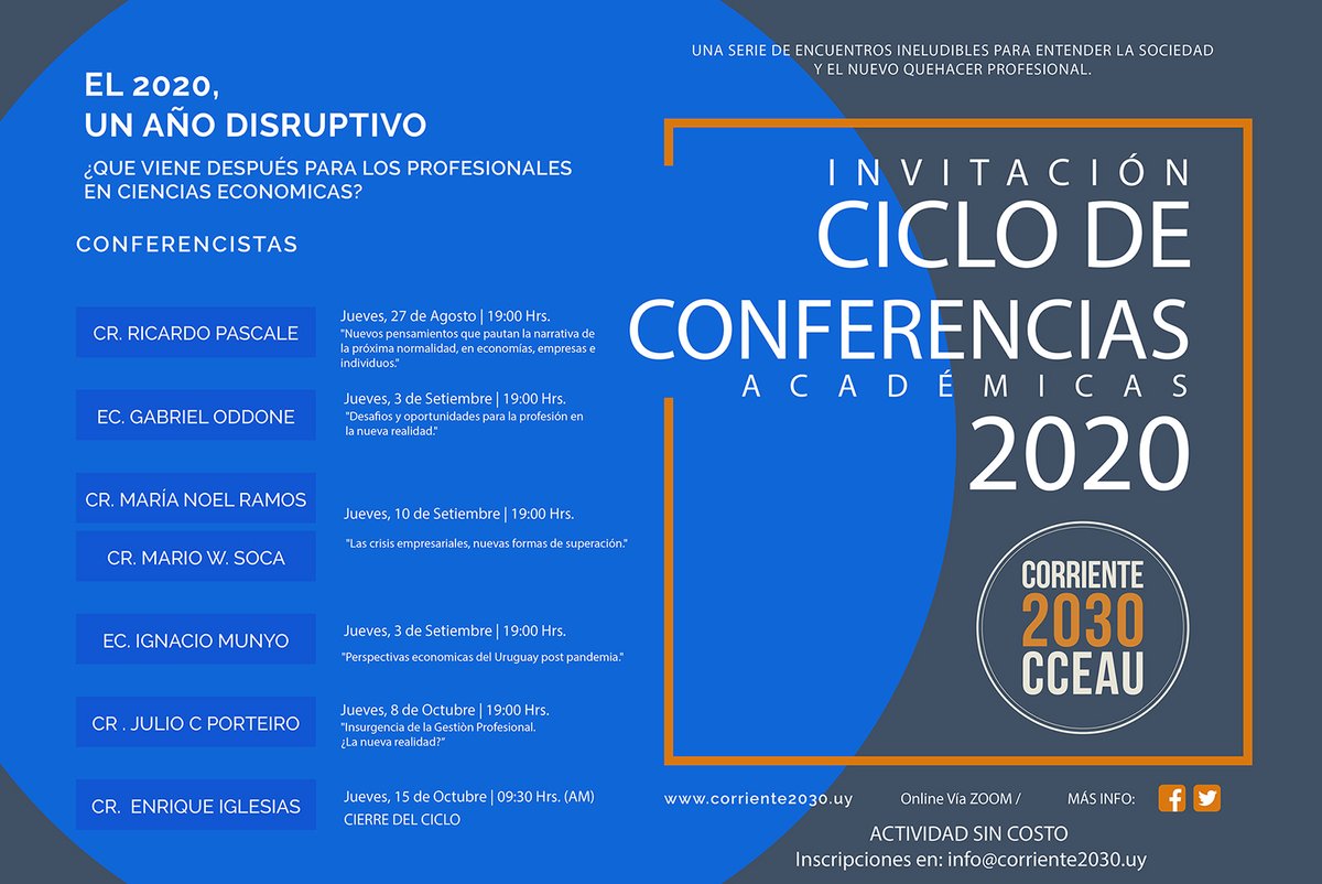 corriente2030's tweet image. EL 2020, UN AÑO DISRUPTIVO
▶️ UNA SERIE DE ENCUENTROS INELUDIBLES PARA ENTENDER LA SOCIEDAD Y EL NUEVO QUEHACER PROFESIONAL. ◀️
INVITACIÓN (Actividad Sin Costo) ✔️

Inscripciones ➡️ corriente2030.uy