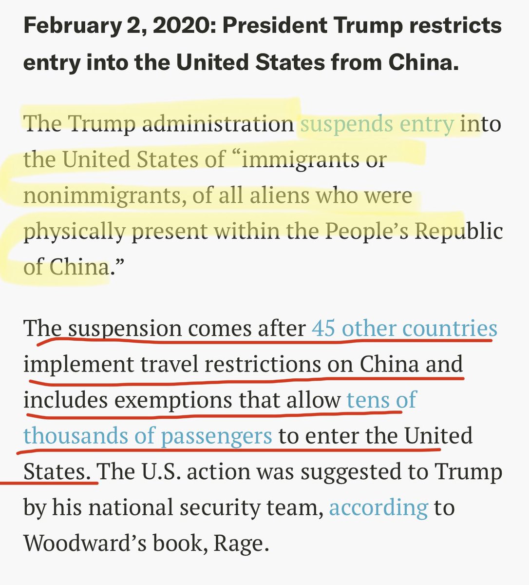 Only AFTER 45 other countries suspend entry from China... Trump listens to his National Security team Feb 2 and suspends entry from China.