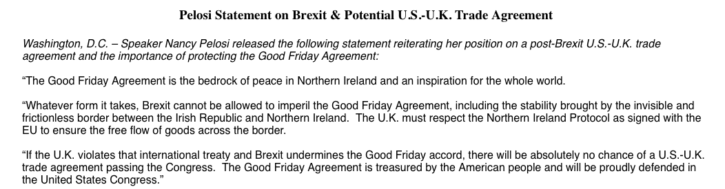 CaitrionaPerry's tweet photo. Further clear message from US politicians to the UK over plan to breach the NI Protocol, this time from House of Reps @SpeakerPelosi -  do so and "there will be absolutely no chance of a U.S.-U.K. trade agreement passing Congress." #Brexit #WithdrawalAgreement https://t.co/e0EtKAAbAv