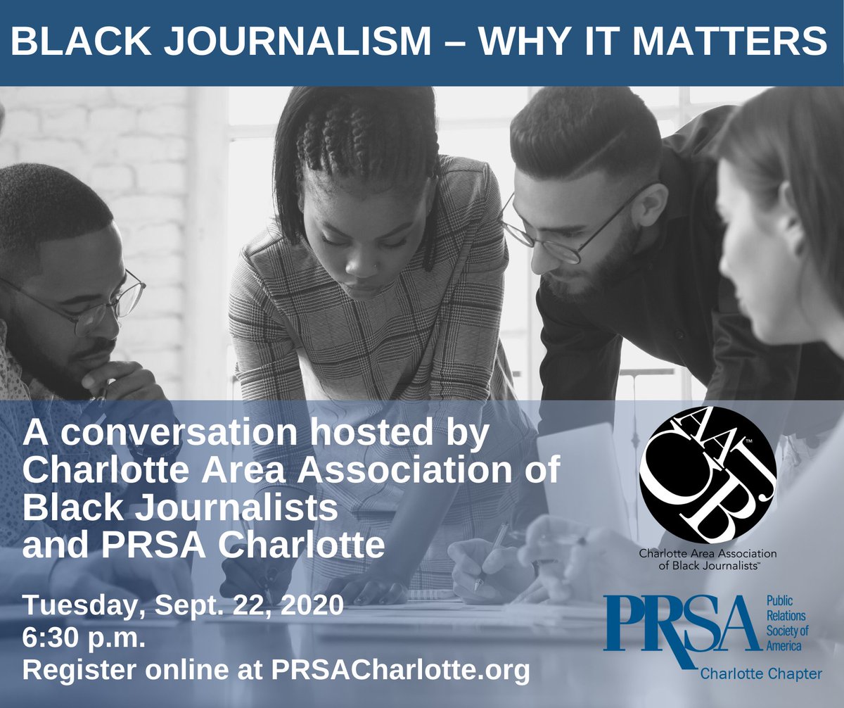prsacharlotte's tweet photo. We are teaming up w/ @caabj_info to offer a safe space for journalists &amp; PR pros to discuss media and how we can work together to share unbiased information. Join this important conversation on issues related to race, social justice, news coverage, audience engagement and more! https://t.co/MzpY2OunJE
