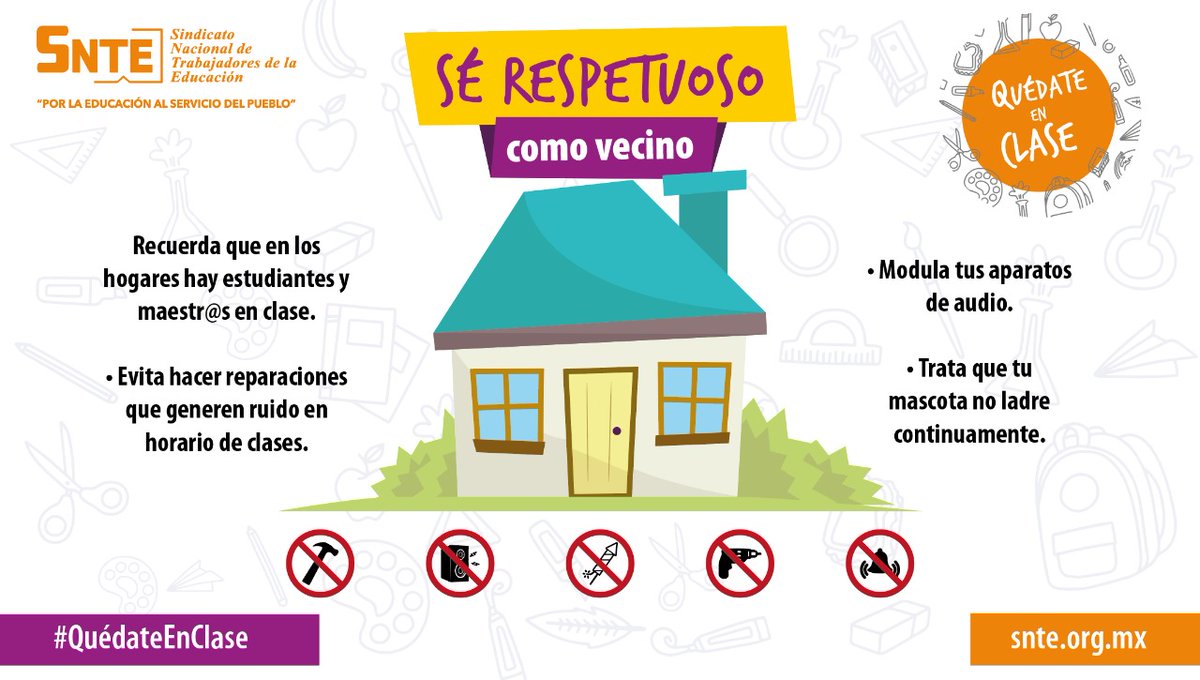snte20nayarit's tweet photo. #QuedateEnClase 👨‍🏫🔛👨‍💻

En educación a distancia 🏫🔛🏡 maestros y alumnos 👨‍💼🔛👨‍🎓 requieren concentración en clases en línea por lo que es ‼️importante‼️ como vecino no provocar ruidos exagerados 📺📻 

#QuedateEnCasa 
#QuedateEnClase ✅ https://t.co/w3egc67pxr