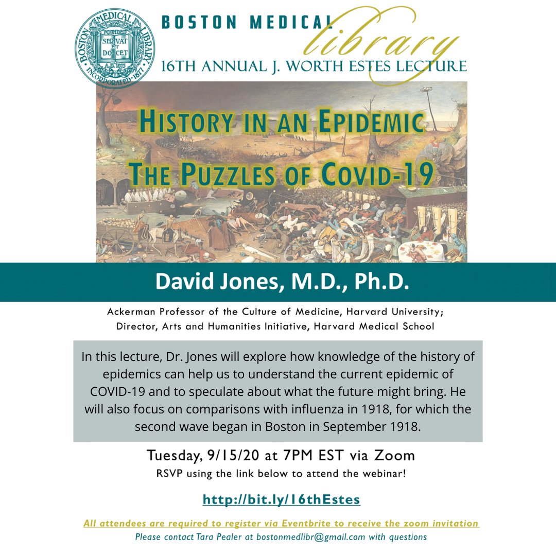 HMSCountway's tweet photo. Join #bostonmedicallibrary next week for "History in an Epidemic: The Puzzles of #COVID19." Learn more & register: https://t.co/vwXV8wz2QA. #histmed #libraryfromhome #onlinelecture #medlib #harvard #countway #countwaylibrary @HarvardMed @HarvardChanSPH @HMSpostdoc @HarvardHistMed https://t.co/shCEQAsJG5