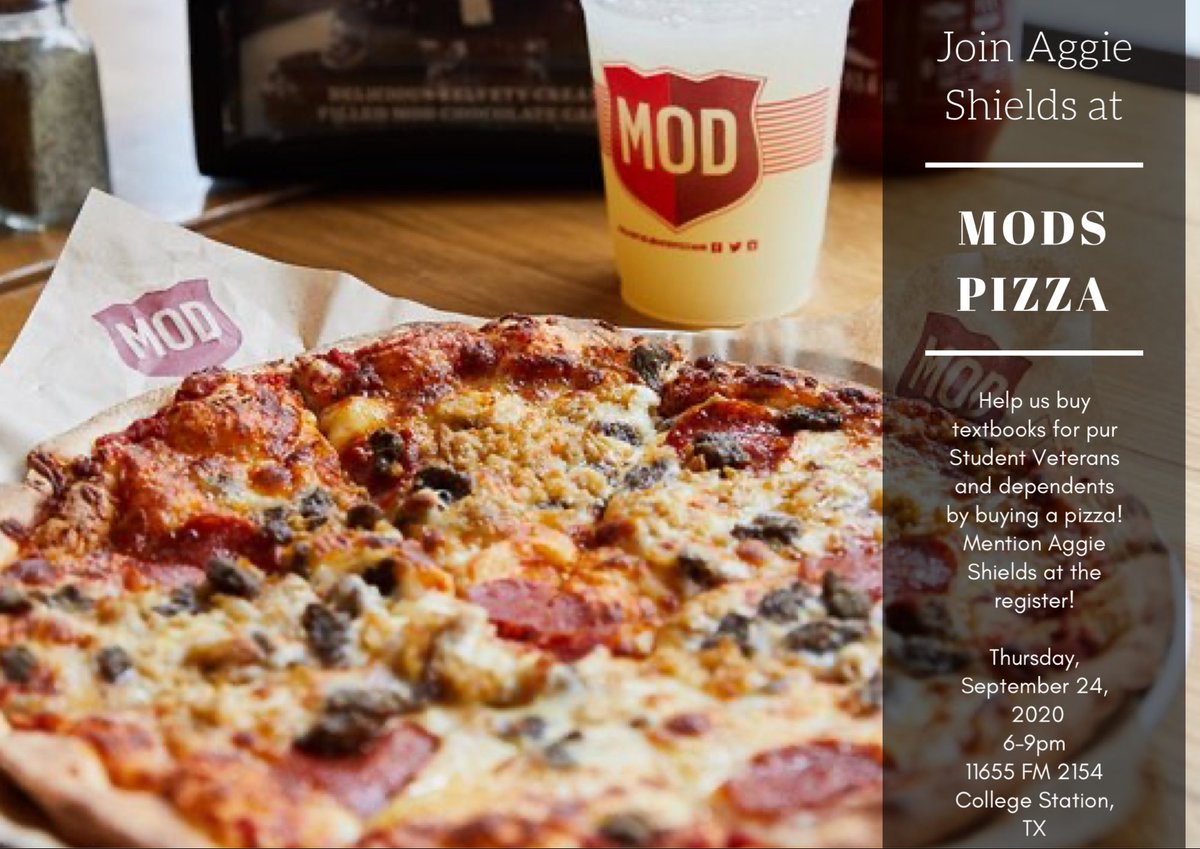 AggieShields's tweet photo. Hungry? Sign up to join us at Mods Pizza on September 24 6-9pm! 

Reserve your spot below, you have until the 21st!
https://t.co/ic9iE4e050

#profitshare #tamu21 #tamu22 #tamu23 #tamu24 #howdy #tamuorganization #collegestation  #gigem #goodbull #Aggies #tamuvrsc #tamuveterans https://t.co/Ge4Aoi0khF