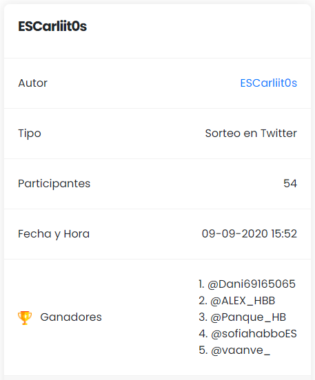 DISCULPEN LA DEMORA

Ya están los ganadores de los 5 lugares para el torneo de ZANA KIK de este sábado

<a href="/Dani69165065/">Danibel18</a> 
<a href="/ALEX_HBB/">.ALEX00. ♥️💙♥️💙♥️💙♥️💙♥️</a> 
@Panque_HB 
<a href="/sofiahabboES/">::sofia::!!!</a> 
@vaanve_ 

Agreguenme en Habbo: Carliit0s y siganme para darles la placa de pase del torneo♥