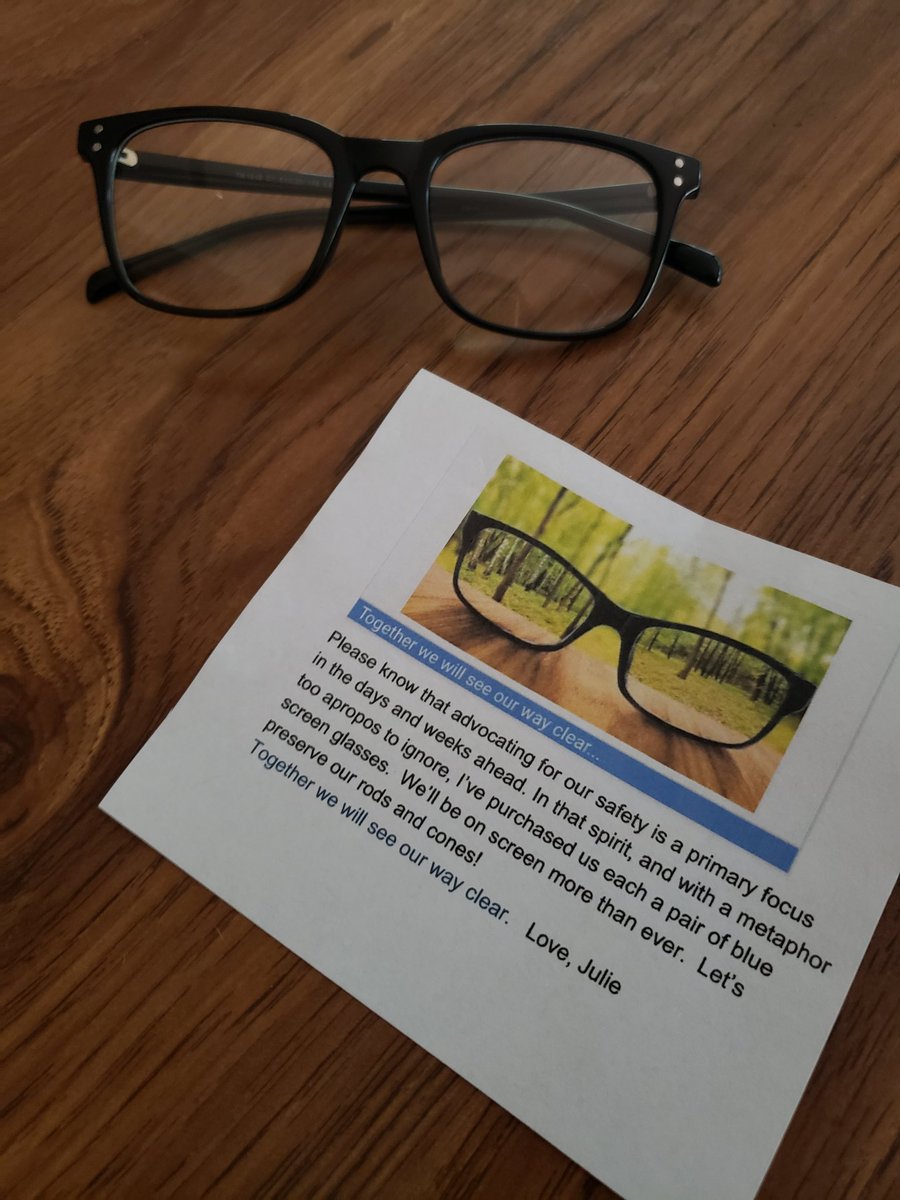 MsCambioCHS's tweet photo. First day back for PD today. My always thoughtful department chair starts every year off with goody bags for us. This year we got blue screen glasses and a note of encouragement for our Distance Learning adventures. Thank you @LimaBoyle! #oakerpride @CoventryOakers https://t.co/A7InrlHc8m