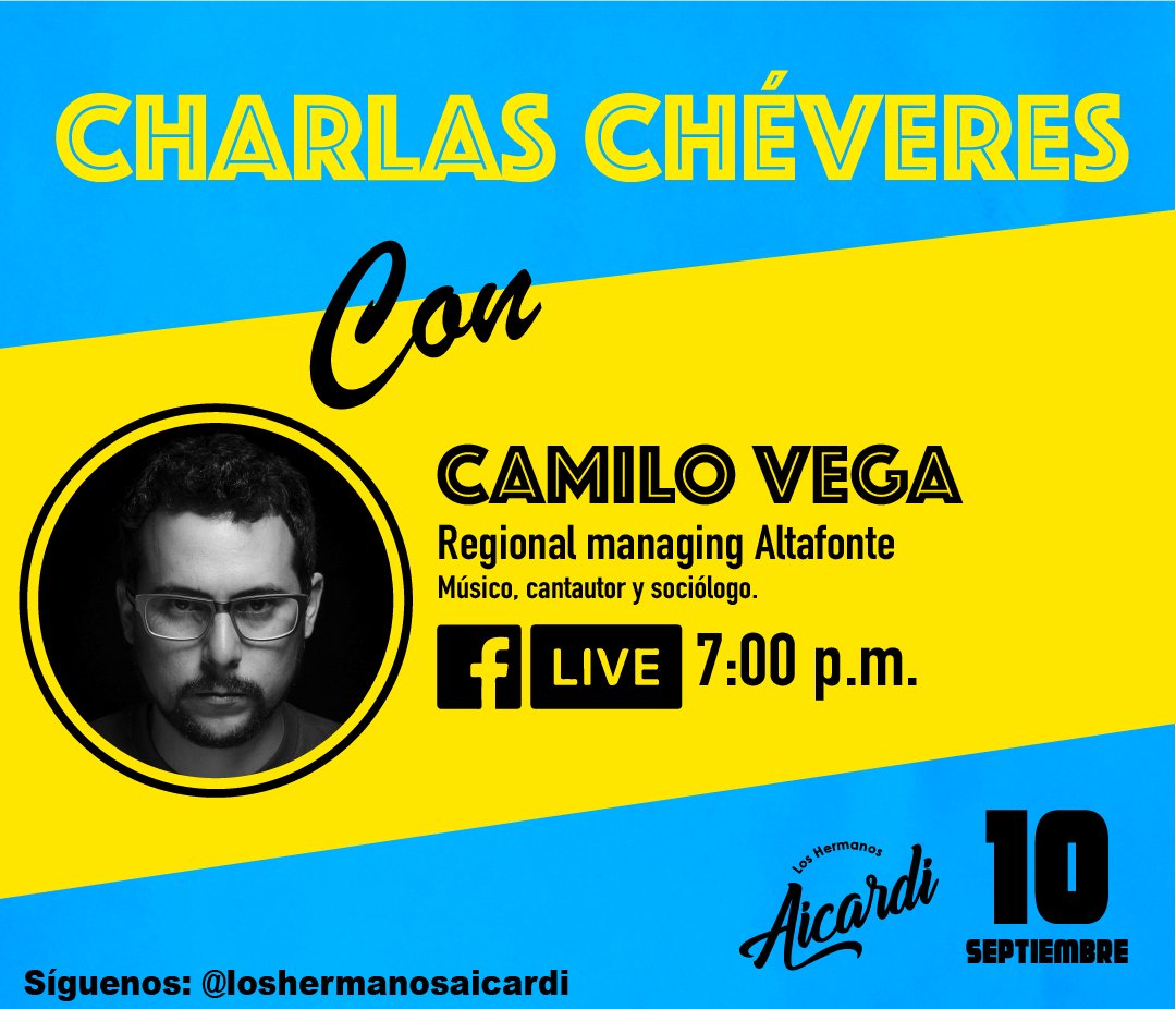 hermanosaicardi's tweet photo. ¡MAÑANAAAAAAA! 🚨 Este jueves es de #CharlasChéveres, en esta ocasión con Camilo Vega, regional manager de Altafonte y cantautor peruano amante de la cumbia.  😎
¡Nos vemos a las 7:00 en Facebook Live! 😁
#LaCumbiaSigue #LegadoAicardi 
@musiCamiloVega @Rotela_co @altafonte_co https://t.co/FuPHw0M5hv