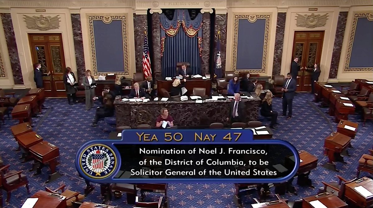 Senate confirmed Noel Francisco, now on President Trump's Supreme Court list, to be Solicitor General three years ago this month on a party line 50-47 vote.  https://www.senate.gov/legislative/LIS/roll_call_lists/roll_call_vote_cfm.cfm?congress=115&session=1&vote=00201