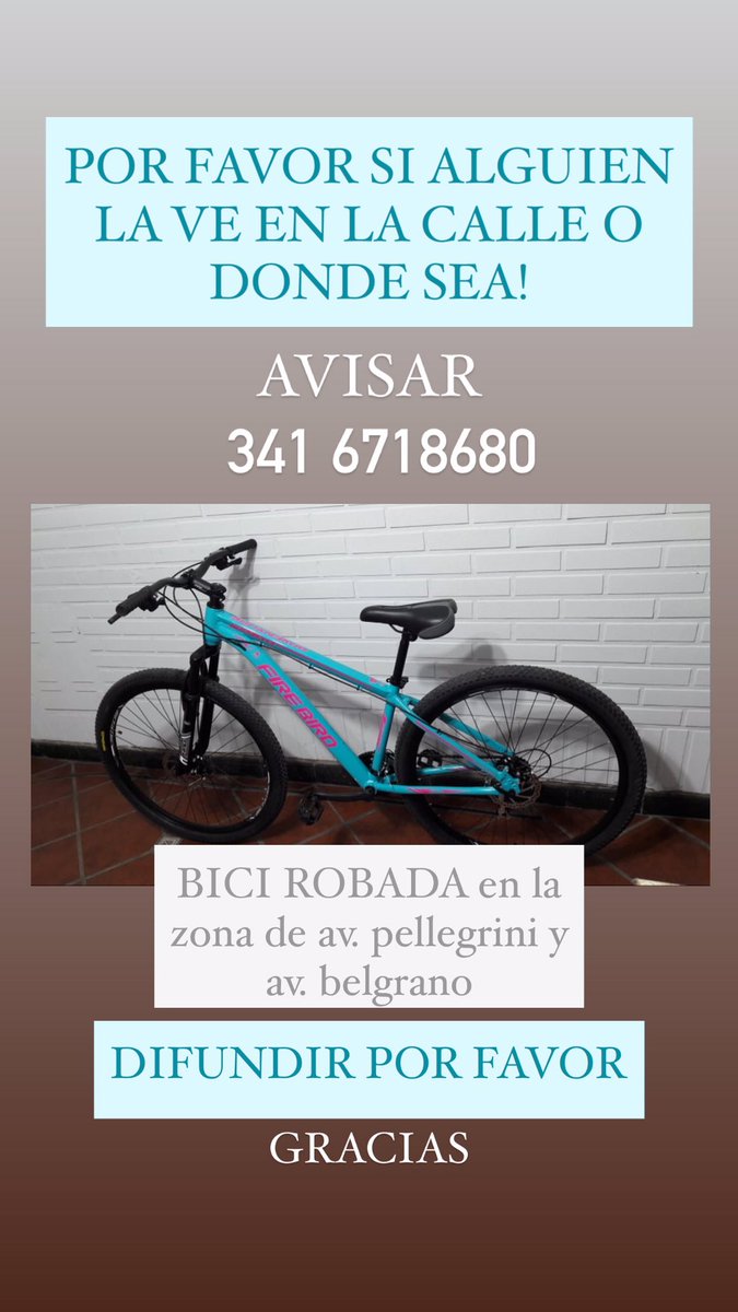 Si alguien ve esta bicicleta por la calle o publicada por internet, por favor avisar! 🙏 
Se la robaron a mi mamá por la zona de Av Pellegrini y Av Belgrano!
Gracias!