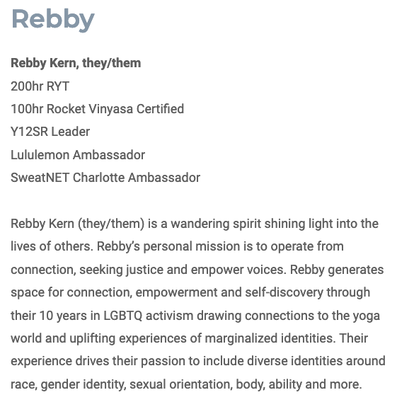 High yeller octaroon they/thems be like, "Fellow gayblacks can do yoga with me for free. YT gotta pay."My first instinct was to sign up for her upcoming Decolonizing Gender zoom workshop, but I can't justify giving her money just to troll her.Rebby is an interesting name tho.