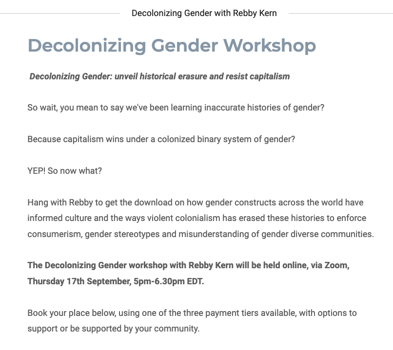 High yeller octaroon they/thems be like, "Fellow gayblacks can do yoga with me for free. YT gotta pay."My first instinct was to sign up for her upcoming Decolonizing Gender zoom workshop, but I can't justify giving her money just to troll her.Rebby is an interesting name tho.
