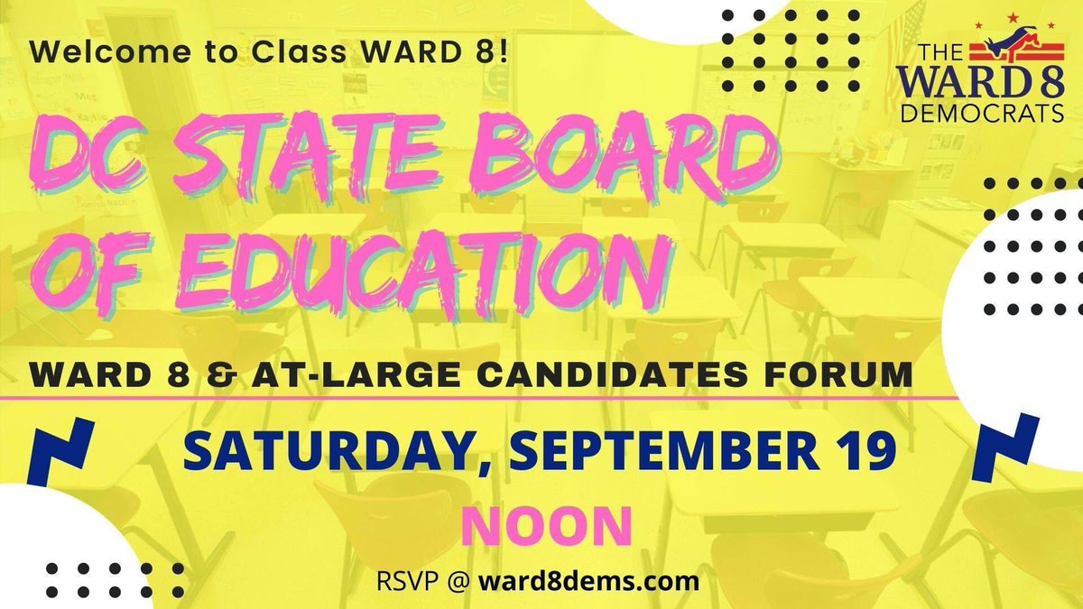 Ward8Dems's tweet photo. Join us as we meet the Ward 8 and At-Large Candidates for the DC State Board of Education ๐ Saturday, Sept. 19th
โฐ Noon
RSVP here: https://t.co/oQGRGto1Ad
#ward8 #ward8votes #DCision20 #dcschoolboard #dcsboe #DCVotes #dck12 #dcps #dcpsc #dcedu https://t.co/J5WNKPdqDP