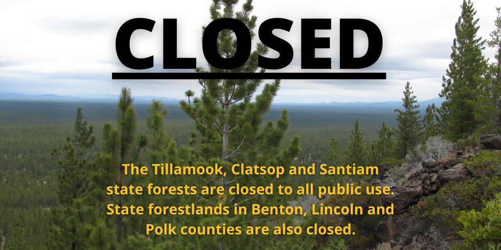 ORDeptForestry's tweet photo. The Tillamook, Clatsop and Santiam state forests are closed to all public entry and use effective immediately, as are scattered state forestlands in Polk, Lincoln and Benton counties. Anyone currently in these areas needs to leave right away. https://t.co/HtnwnBCVcv