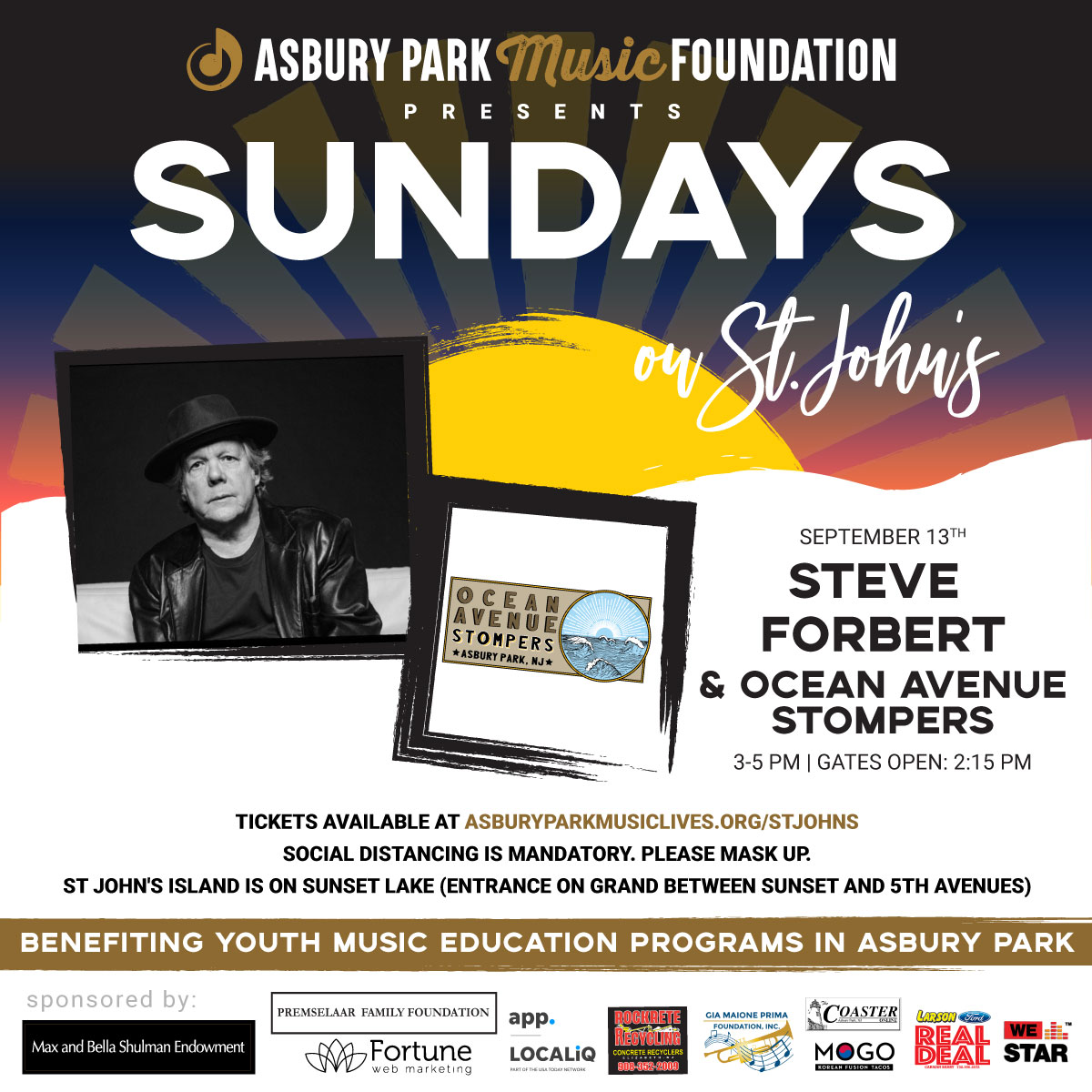 Tickets still available for the first show of our new acoustic series, Sundays on St. John's, starting Sunday, Sept. 13th, from 3-5pm. Wear a mask &amp; bring a blanket/chair. Headlined by Steve Forbert, opening is Ocean Avenue Stompers! Full details on Facebook and Instagram.