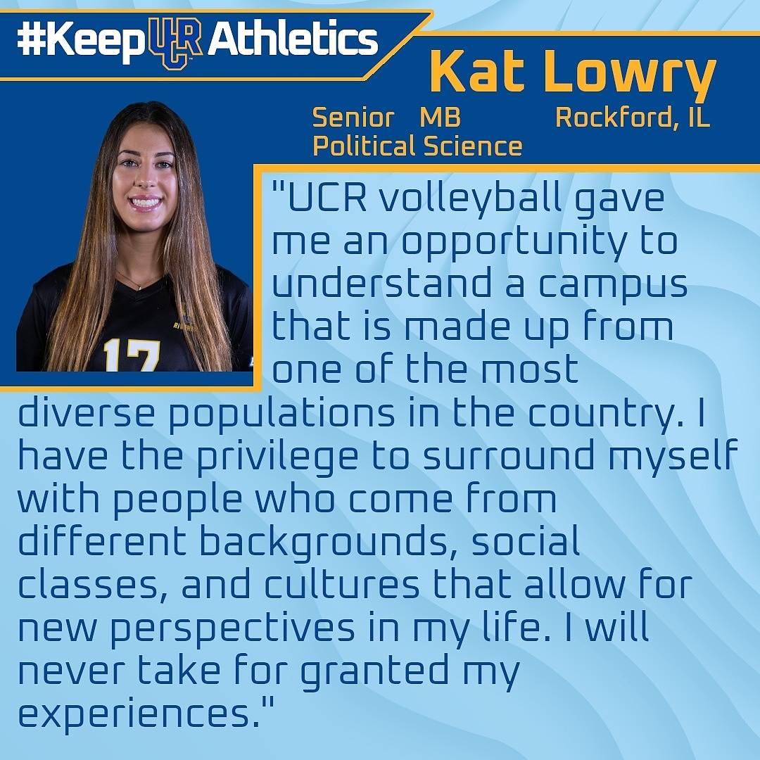 UCRVolleyball's tweet photo. #KeepUCRAthletics https://t.co/cjUHaiKKi8 Words from senior Kat Lowry on what makes @ucriversideofficial special. Kat is majoring in PoliSci and plans to go to law school after graduation. ๐๐ #ucr #ucrwvb #ucrvb #ucrproud https://t.co/UvZax5Jcr6