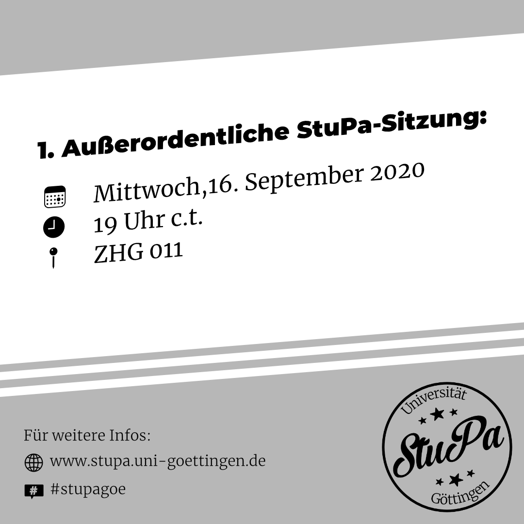 stupagoe's tweet photo. Nächsten Mittwoch, den 16. September findet ab 19 Uhr c.t. im Hörsaal ZHG 011 die erste außerordentliche Sitzung des #stupagoe statt. Alle Sitzungsunterlagen sind hier aus dem Uni-Netz abrufbar https://t.co/A63by0xPSq https://t.co/P8NJuC054i