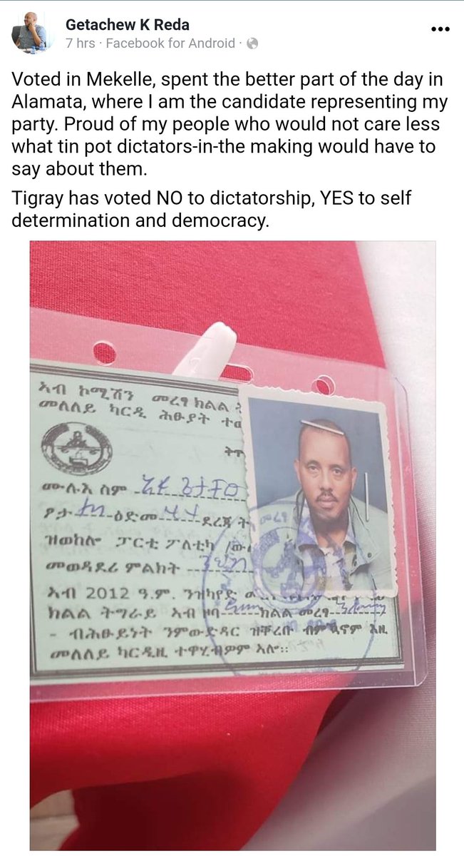 Dave_Fikre's tweet photo. "Proud of my people who would not care less what tin pot dictators-in-the making would have to say about them. Tigray has voted NO to dictatorship, YES to self determination and democracy." #GetachewReda ๐
#TigrayElection2020 #TigrayVotes #TigrayVoted https://t.co/zBcL9kS6i3