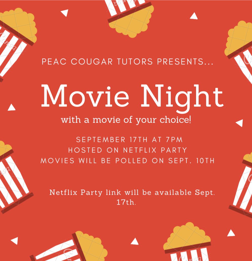 uhcougartutors's tweet photo. Hey Cougars! We are excited to be hosting a movie night! Join us tomorrow for our movie poll &amp; join us on September 17th @ 7pm to watch it via Netflix Party. 

Can’t wait to see you all there 😊
#uh24 #uh23 #uh22 #uh21 https://t.co/1UpBBdRPrI
