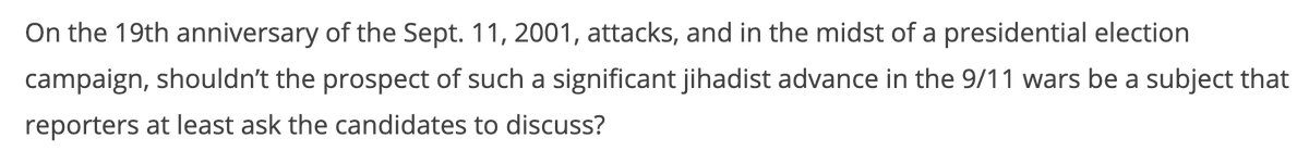 And wouldn’t you know it, but all that hard fighting over the last two decades “ought not to be squandered” by doing something silly like ending these ridiculous wars. Hell no! And finally, the self-parody neocon mad lib has to end how it begin: some more 9/11 porn. 10/10