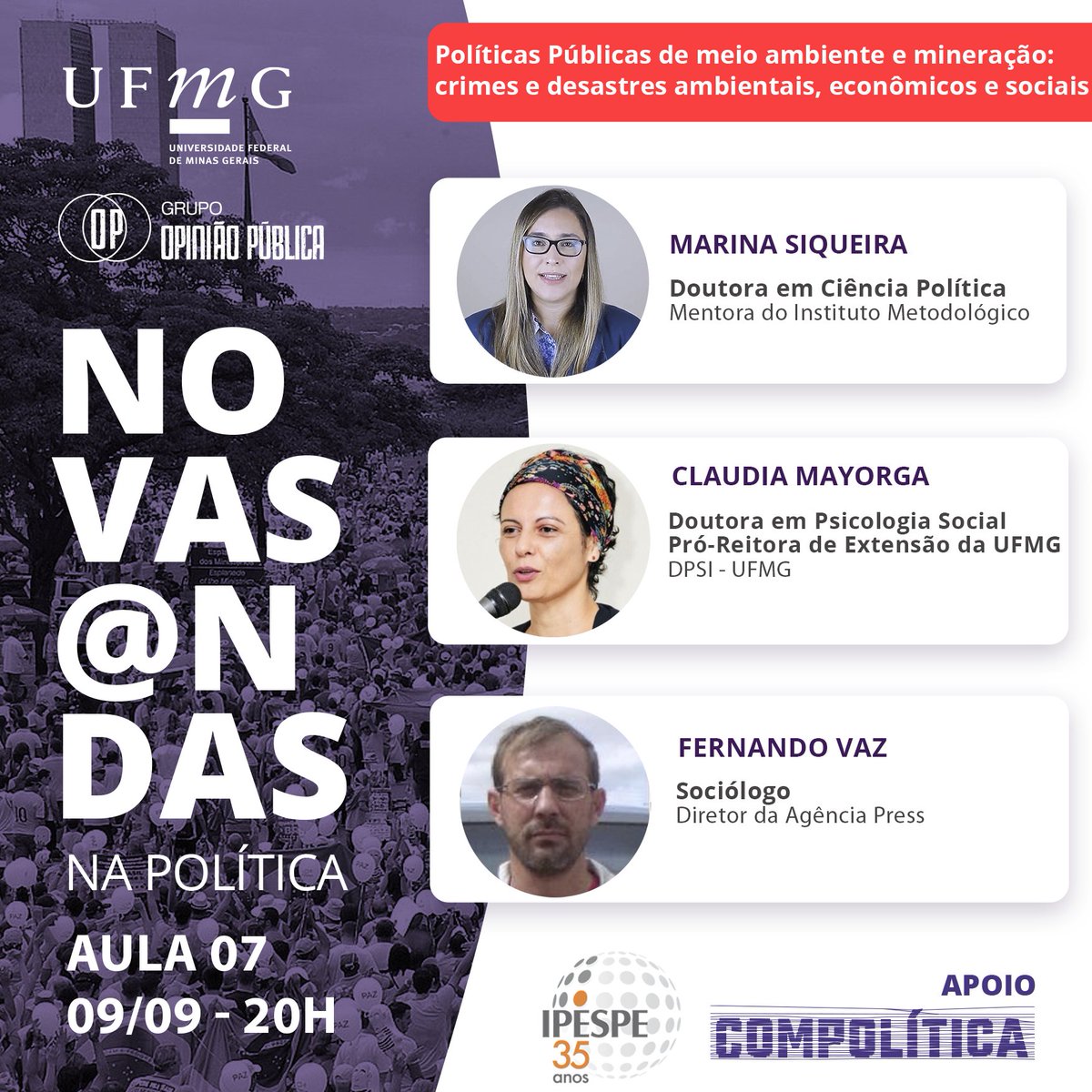 Daqui a pouco começa a 7ª aula do nosso curso online!
Tema: "Políticas Públicas de meio ambiente e mineração: crimes e desastres ambientais, econômicos e sociais"
youtu.be/c4Gyu45Kmqs #UFMG #meioambiente