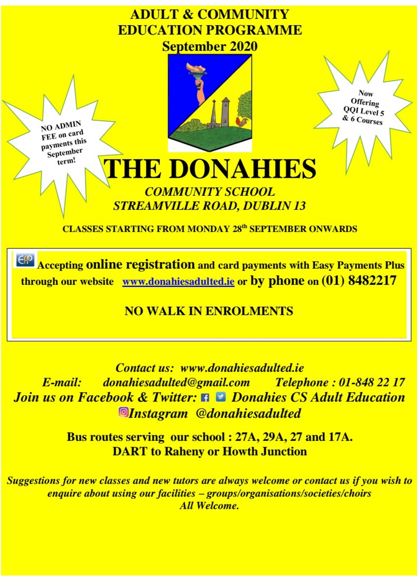 DonahiesAdultEd's tweet photo. Revised September '20 brochure - unfortunately we cannot offer as many classes as usual this term. However we are introducing online courses &amp; hope to be able to reinstate some of our old favourites in our January term!🍀🤞 https://t.co/8yCKi3JPGV