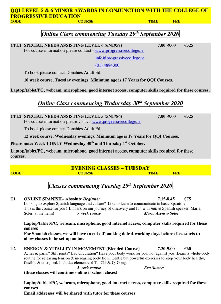DonahiesAdultEd's tweet photo. Revised September '20 brochure - unfortunately we cannot offer as many classes as usual this term. However we are introducing online courses &amp; hope to be able to reinstate some of our old favourites in our January term!🍀🤞 https://t.co/8yCKi3JPGV