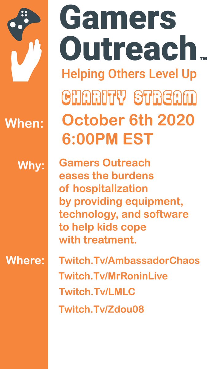 ambassadorkaos's tweet photo. Come support @GamersOutreach on Tuesday October 6th! #gamingforcharity #pcgaming #gameroutreach #charity #CharityTuesday @OfficialLMLC @zdou08 @MrRoninLive https://t.co/vHrNFJQj8m