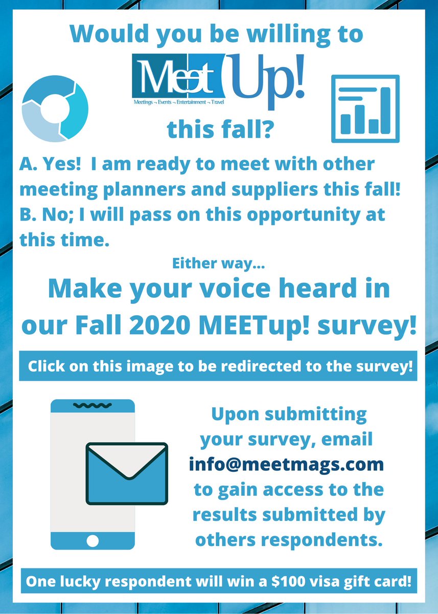meetmags's tweet photo. Calling all meeting planners and suppliers... would you be willing to MEETup! this fall? Whether you are up for gathering in-person, or would pass for the time being, taking a minute to complete this survey could win YOU a $100 visa gift card! | https://t.co/NbFjAftvuP https://t.co/KIw9iEvW9T