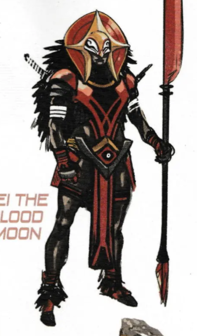 Bei the Blood Moon is another one whose design directly references specific cultural things. His headpiece references Egyptian imagery while the design for the rest of his body reminds me of Senegalese wrestlers and South African warriors