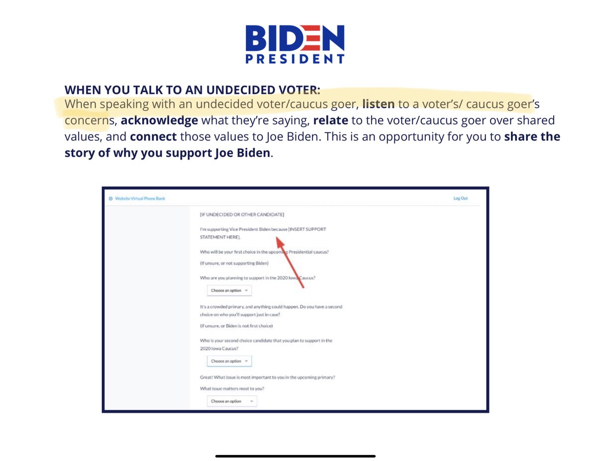 When you visit Biden’s “Organizing Tool Kit” -  https://joebiden.com/organizing-tool-kit/ - and click on “Direct Voter Contact Virtual Phonebank Guide,” you’re taken to an old doc about how to persuade primary voters and caucus goers. (2/6)
