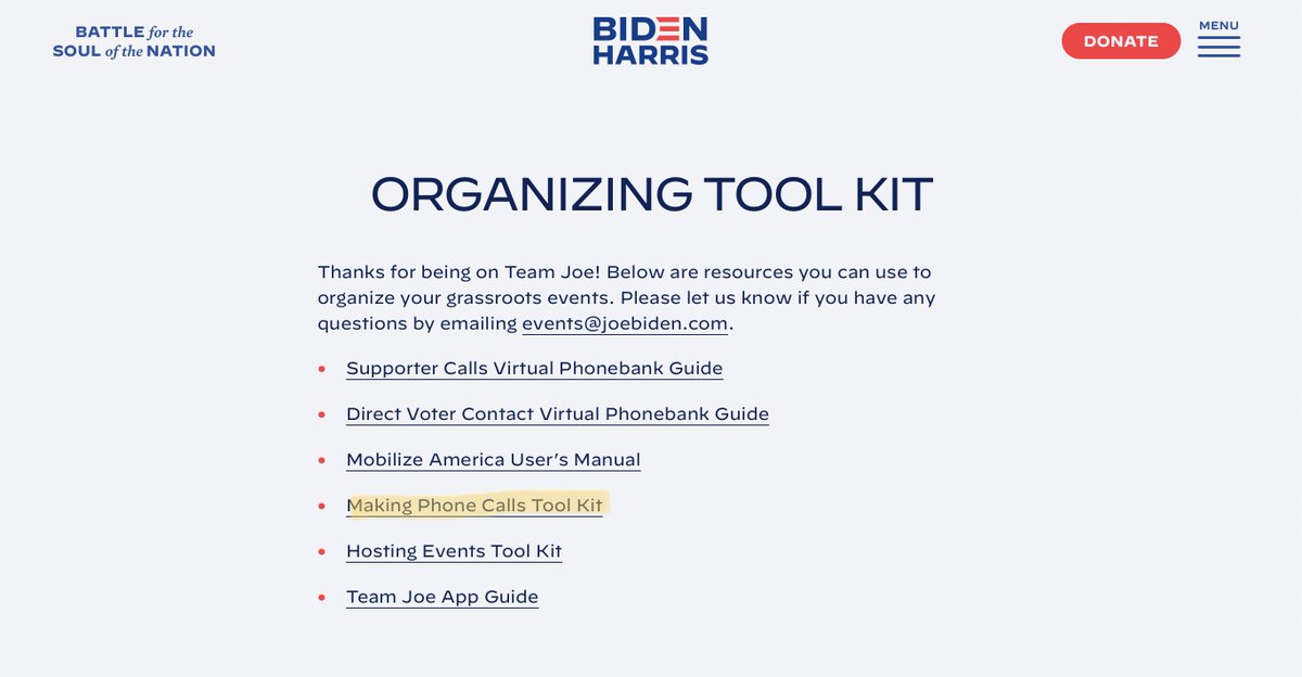 On the same page, the “Making Phone Calls Tool Kit” takes you to links for phone banking scripts, instructions and checklists, all outdated and referring to the primaries and caucuses. (3/6)