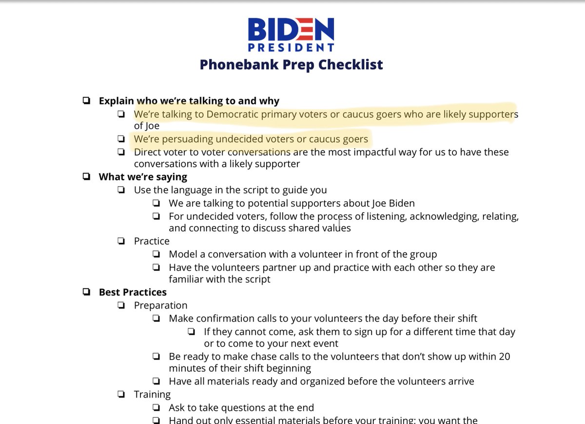 On the same page, the “Making Phone Calls Tool Kit” takes you to links for phone banking scripts, instructions and checklists, all outdated and referring to the primaries and caucuses. (3/6)