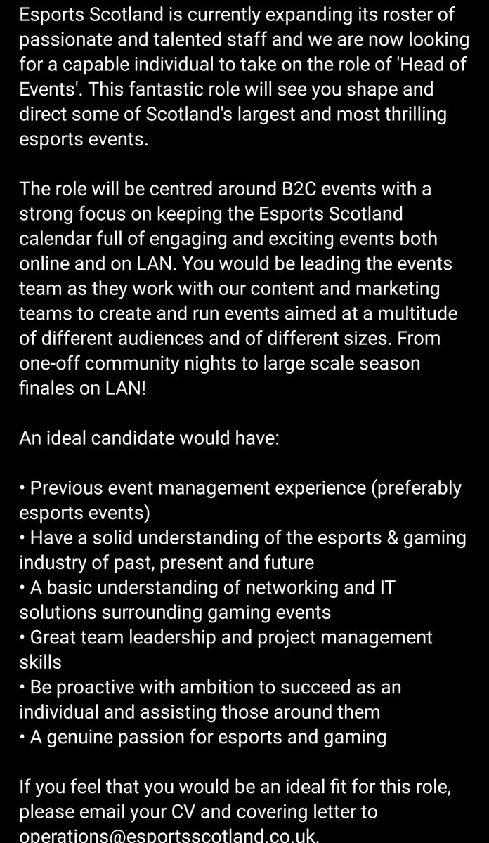ErenaSports_'s tweet photo. 📝 We Are Hiring 📝

Esports Scotland is looking for for a new Head Of Events!

See details in the post below.

If you think you have what it takes please get in touch using the email listed below ⤵️ https://t.co/1jXYkH4qXA
