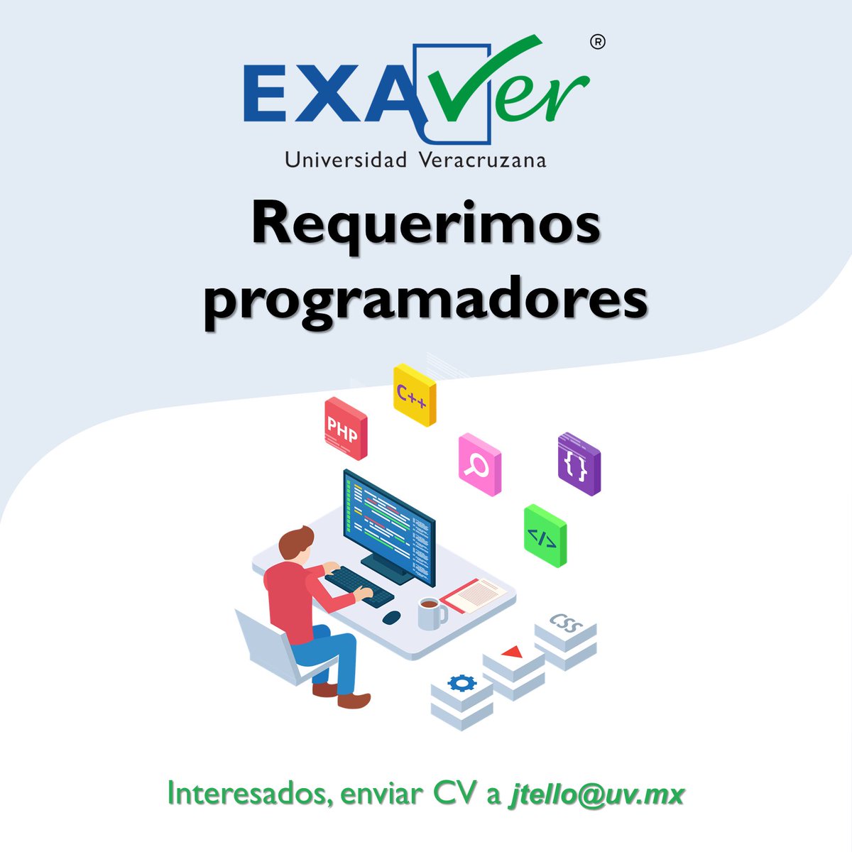 EXAVER's tweet photo. EXAVER requiere programadores en Xalapa. Si estás interesado, envía tu CV al correo jtello@uv.mx con atención a la Mtra. Janeth Tello Carrillo, Coordinadora de EXAVER.
Fecha límite de recepción de documentos: lunes 14 de septiembre de 2020 a las 14:00hrs. 
#EXAVER #UV_DamosMás https://t.co/Dj0Ghkn6lH