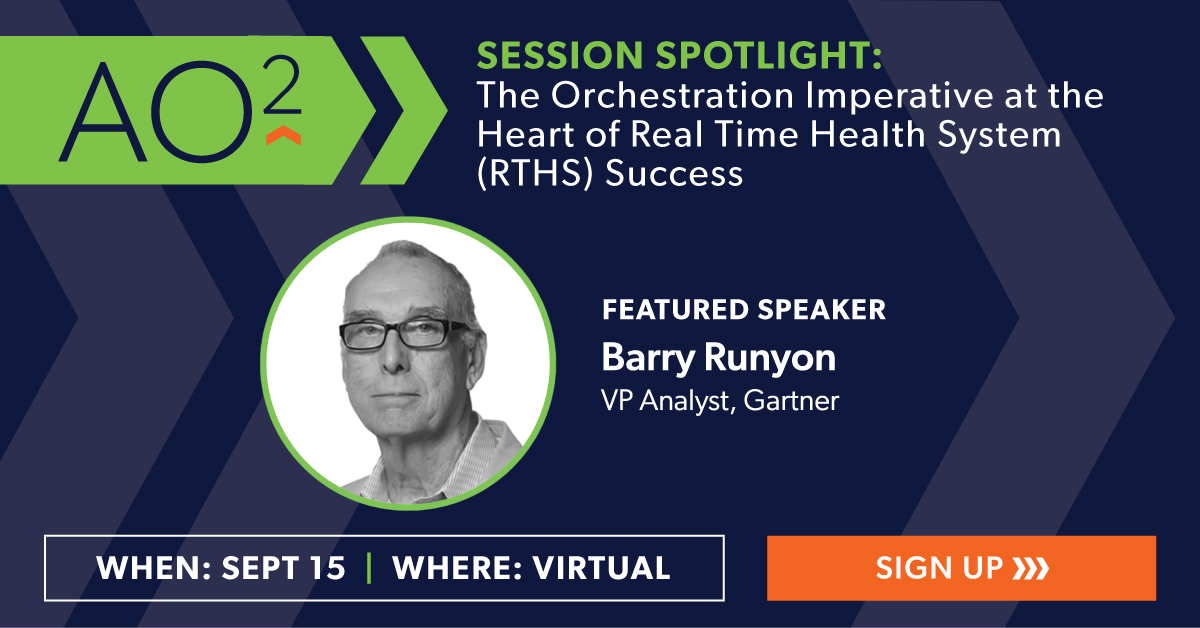 ao2summit's tweet photo. Yet another must-see keynote at AO², the Summit on #Access and #Orchestration (https://t.co/SbAyr2G5k8): Join featured speaker, Gartner healthcare provider analyst, Barry Runyon for insights on the orchestration imperative at the heart of Real Time Health System (RTHS) success. https://t.co/oUNHdjzOtP