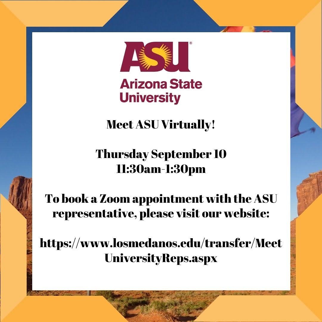 lmctranscareer's tweet photo. Thinking about going to school out of state!?!

Got Arizona in mind!?!

Great news!

Tomorrow we will virtually be hosting a representative from ASU!

Come and check it out! 
#asu #arizonastateuniversity #lmc #losmedanoscollege #lmctransferandcareer #transferstudent #outofstate https://t.co/M7bhQd7fV0