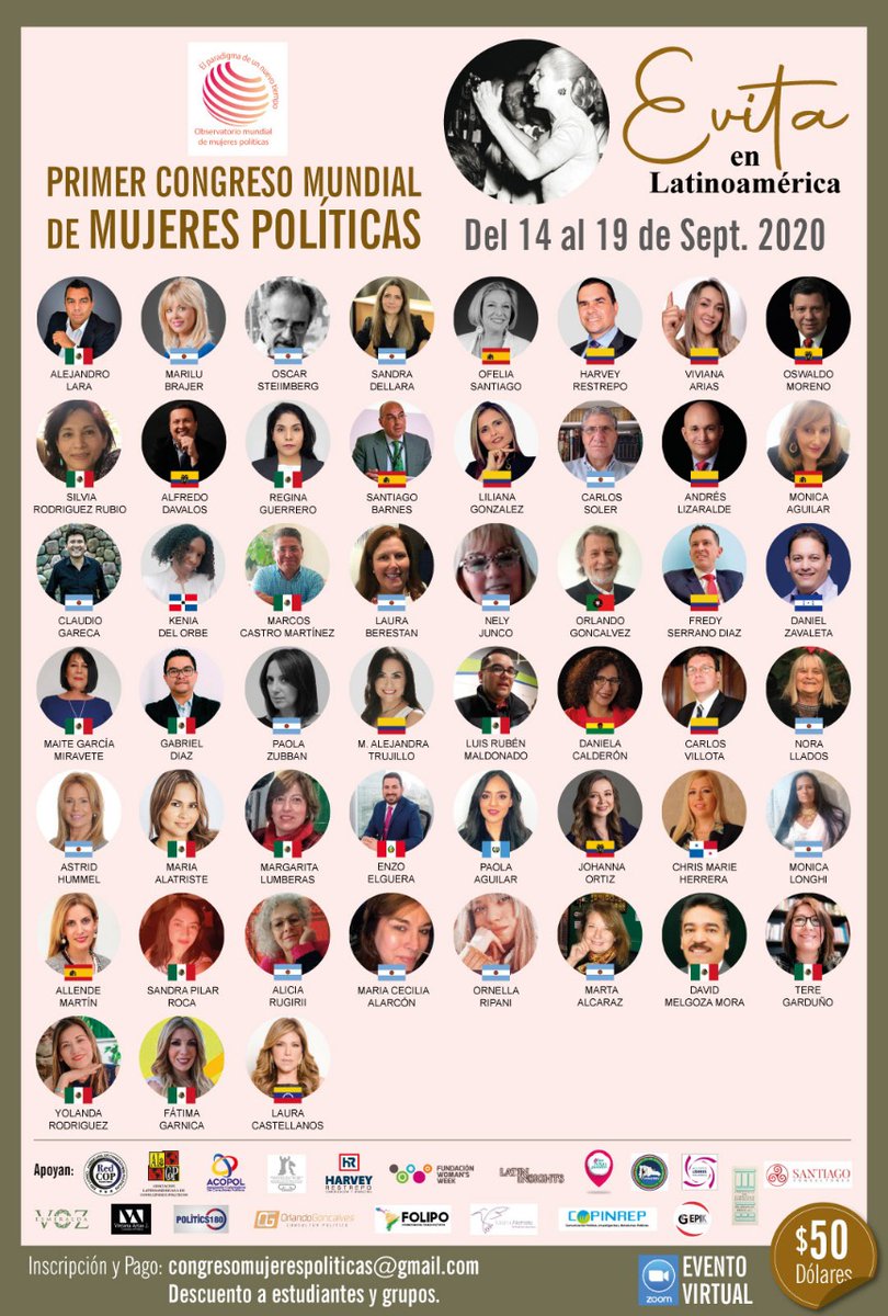 CongresoMujerP's tweet photo. ¡Más de 40 ponentes en el Primer Congreso Mundial de Mujeres Políticas: Evita en Latinoamérica! ¿Ya te registraste?
El evento se realizará del 14 al 19 de septiembre 2020.
https://t.co/yqjtyy4o4X
#mujeres #congreso #congresomundial #mujerespoliticas #evita https://t.co/wzypZfAyAg