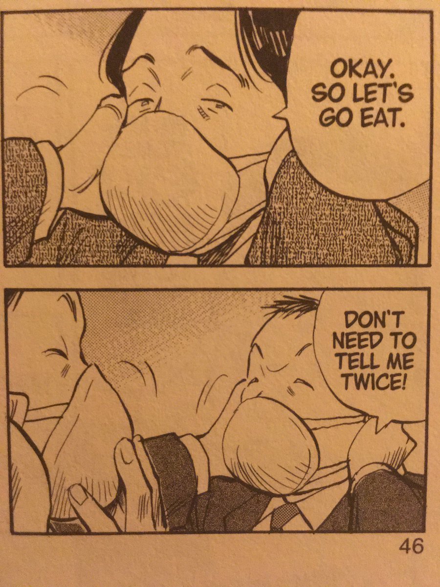 Panels from 20th century boys where characters are putting on face masks and saying “Okay. Let’s go eat.” “Don’t need to tell me twice!”