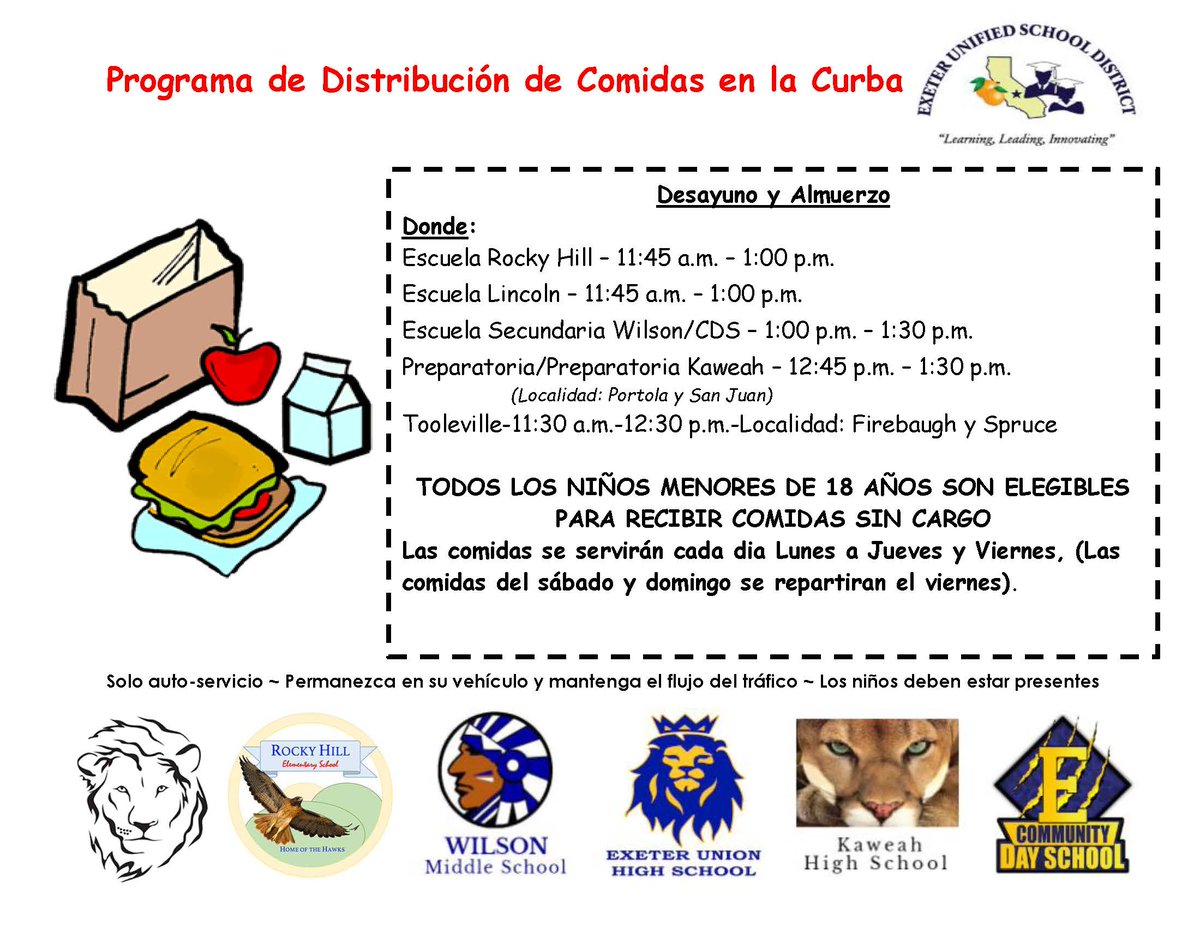 #ExeterUSD is continuing to provide breakfast &amp; lunch as part of our Curbside Meal Distribution Program. These are offered to ALL students up to the age of 18, regardless of free or reduced meal status. exeter.k12.ca.us/apps/news/arti… #EUSD_StrongerTogether