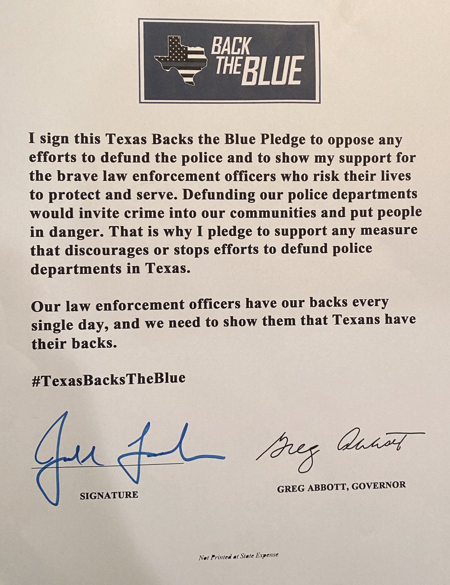 leachfortexas's tweet photo. Proud to sign the Texas “Backs the Blue” Pledge today. I join @GovAbbott in full support of our brave men and women in law enforcement and I will aggressively fight against any and all reckless efforts to defund or dismantle our police departments. #TexasBacksTheBlue https://t.co/NUaTnoUoX2