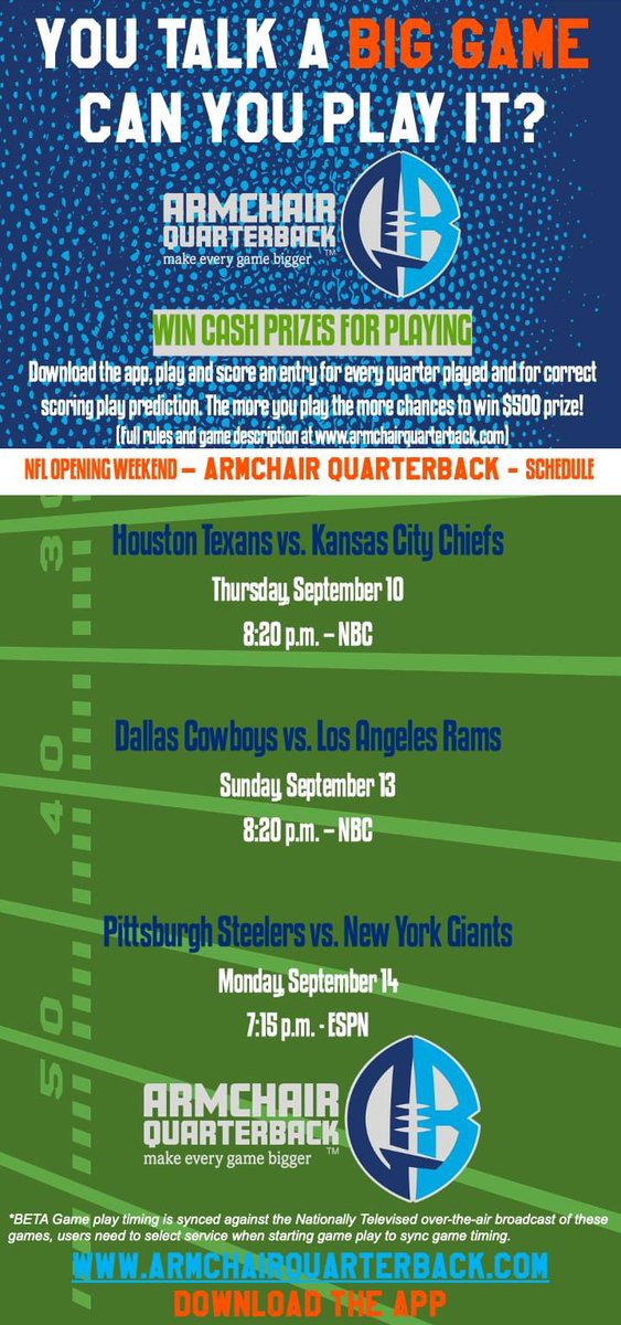 AQBfootball's tweet photo. Football is back! Join the fun tomorrow night and through the weekend!
#NFL #MakeEveryGameBigger with #ARMCHAIRQUARTERBACK
#sportsgaming #QB1 #CallthePlays #sportspredictions #predicttheplay #gameon https://t.co/rNWyhWSBRR