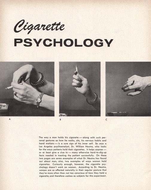 how you hold your cigarette cigarette psychology” from the 50's. how do you hold your cigarettes?