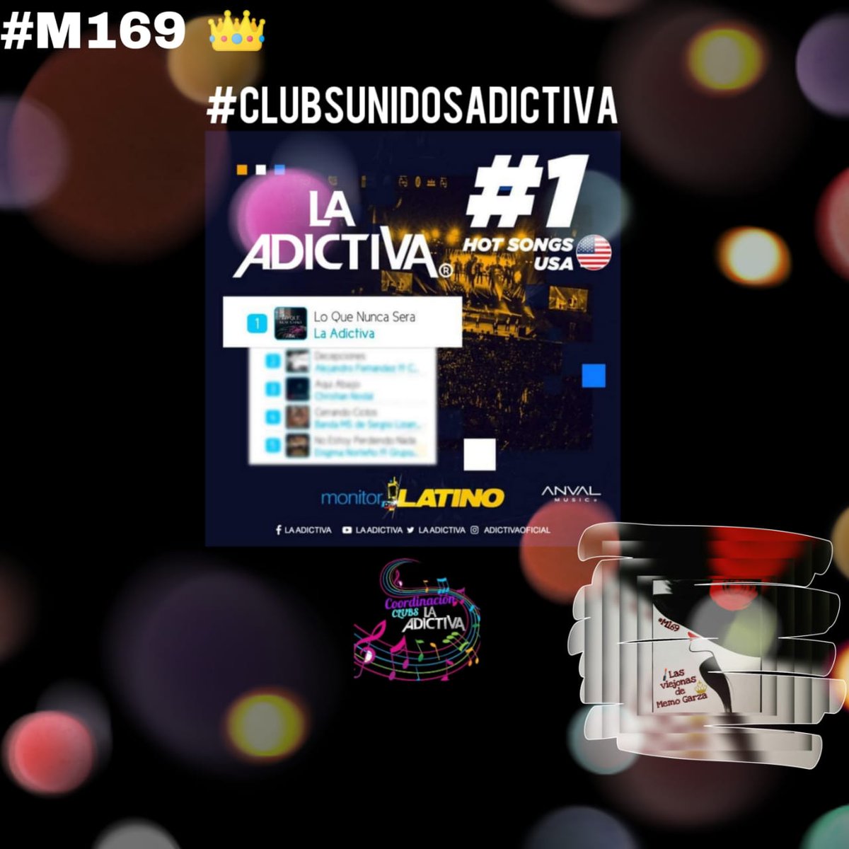 3118Amore's tweet photo. 💥@adictivaoficial 
se coloca en el #1
del#HotSongUSA 🇺🇸
con su más reciente sencillo
“LO QUE NUNCA SERÁ” 🎤
@CoordiAdictiva 
#LaMusicaDeLaAdictivaSeVive 🙌
#PorSiempreYParaSiempreContigoConsen ✋
#M169 👑 @ViejonasMemoG 💥 https://t.co/BAwYrVhFkz