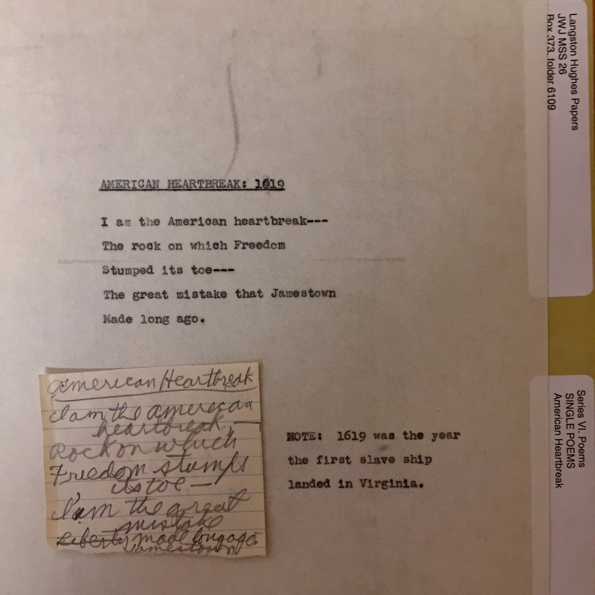 BeineckeLibrary's tweet image. American Heartbreak: 1619
from Langston Hughes Papers bit.ly/2FKP6KP