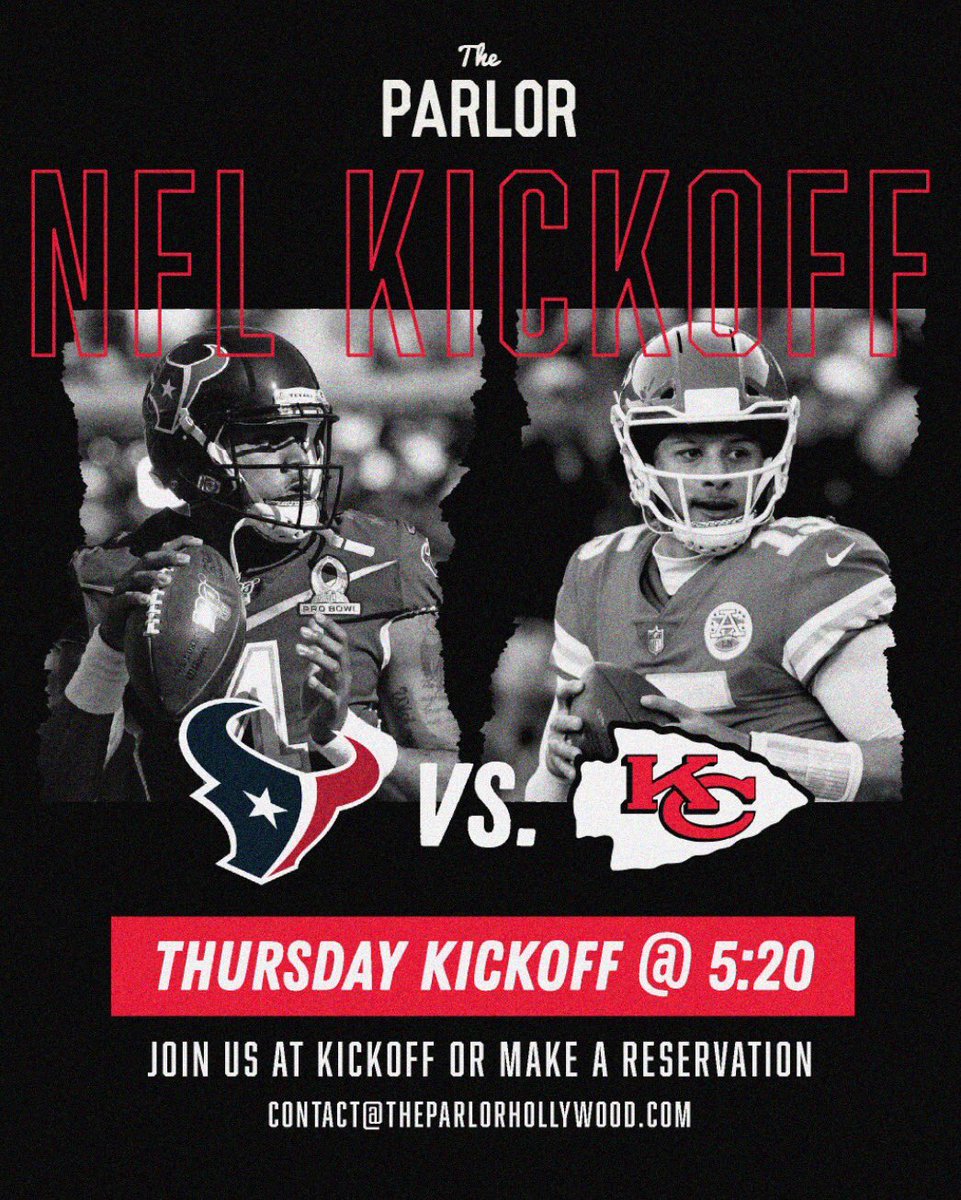 Are you ready for some football!? 🏈

The 101st season of the <a href="/NFL/">NFL</a> kicks off tomorrow with the Super Bowl champs <a href="/chiefs/">Kansas City Chiefs</a> vs <a href="/houstontexans/">Houston Texans</a> @ 5:20pm.

Want to reserve a table? Email contact@theparlorca.com. 🍻