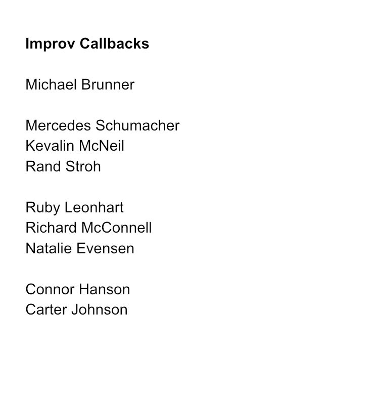 DonkeyHoteys's tweet photo. Here is the callback list for the 2020-2021 Improv Troupe! We will see you tomorrow at 2:45 in the blackbox! https://t.co/Psulz3YXGM
