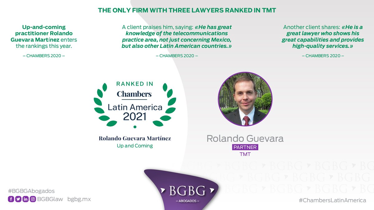 BGBGlaw's tweet photo. Rolando Guevara (@RolandoGuevaraM) UP AND COMING practitioner in Chambers Latin America 2021 (@ChambersGuides), BGBG partner of TMT.

https://t.co/3I4oaUwNJM

The only firm with three lawyers ranked in #TMT.

Congratulations 👏 https://t.co/OXjYcIFveK